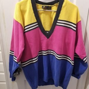 Vintage Liz Claiborne  Liz SportColorblock V-Neck Sweater with Bold Stripes